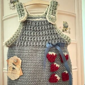 Hand crocheted toddler frock with strawberry appliqués 5T